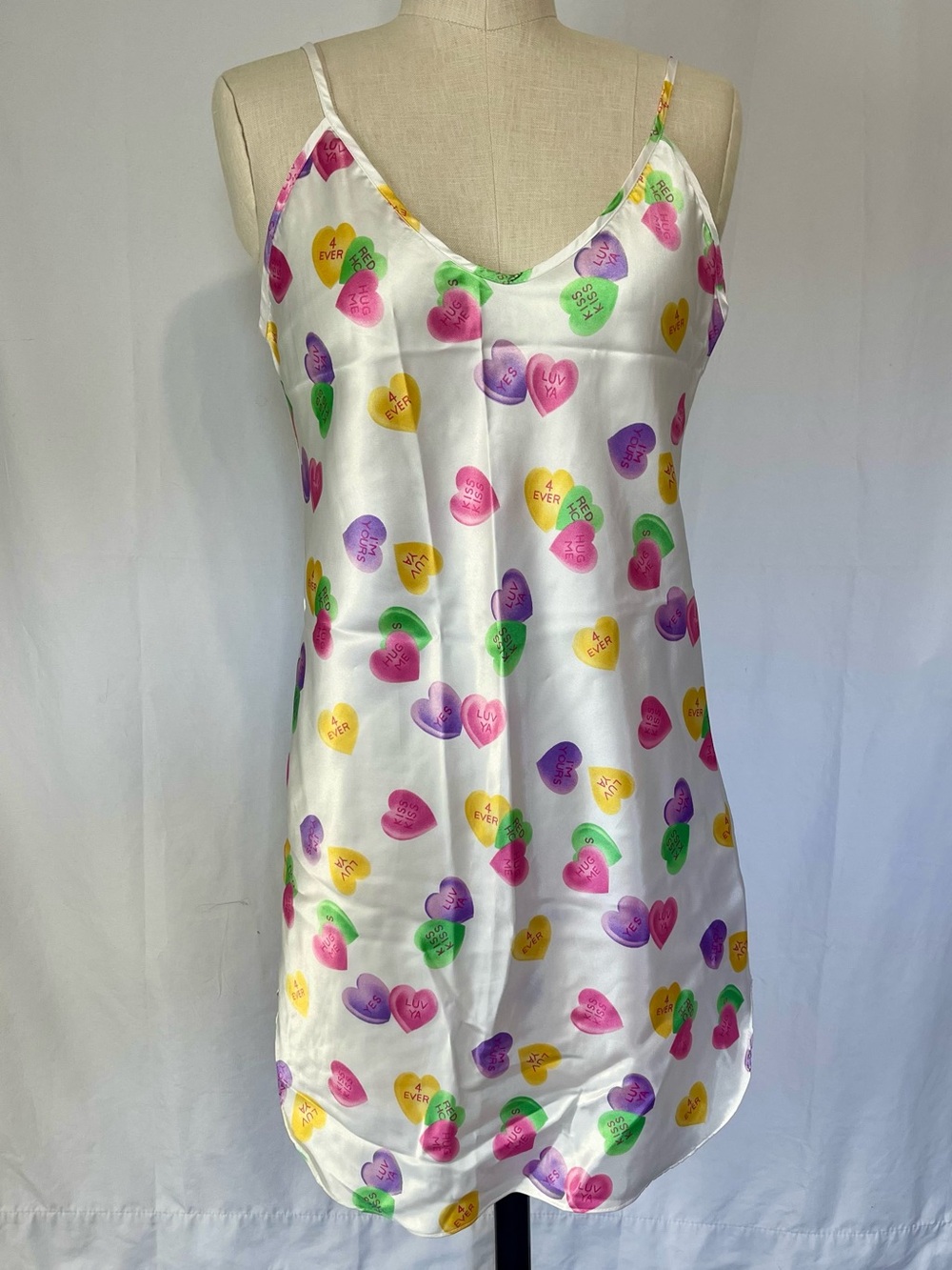 Vintage 90’s Honors Intimates White Slip Satin Candy Hearts deep cut back Small